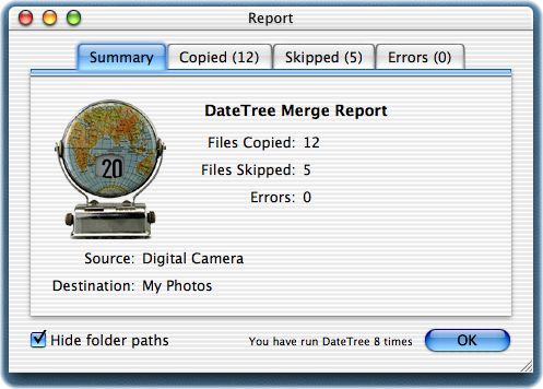 Report window which is displayed after files are copied.