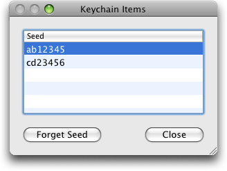Keychain window for managing S/Key or OPIE seeds in your Mac OS X keychain.