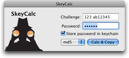 Main SkeyCalc window for OTP challenges S/Key or OPIE