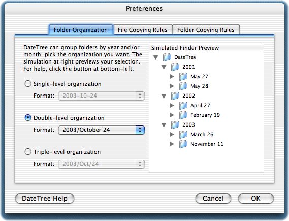 Preferences window showing folder orgnanization options.